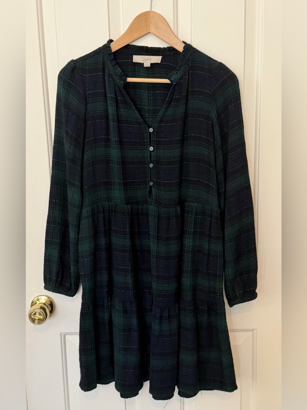 LOFT Navy and Green Plaid Long-Sleeve Tiered Dress